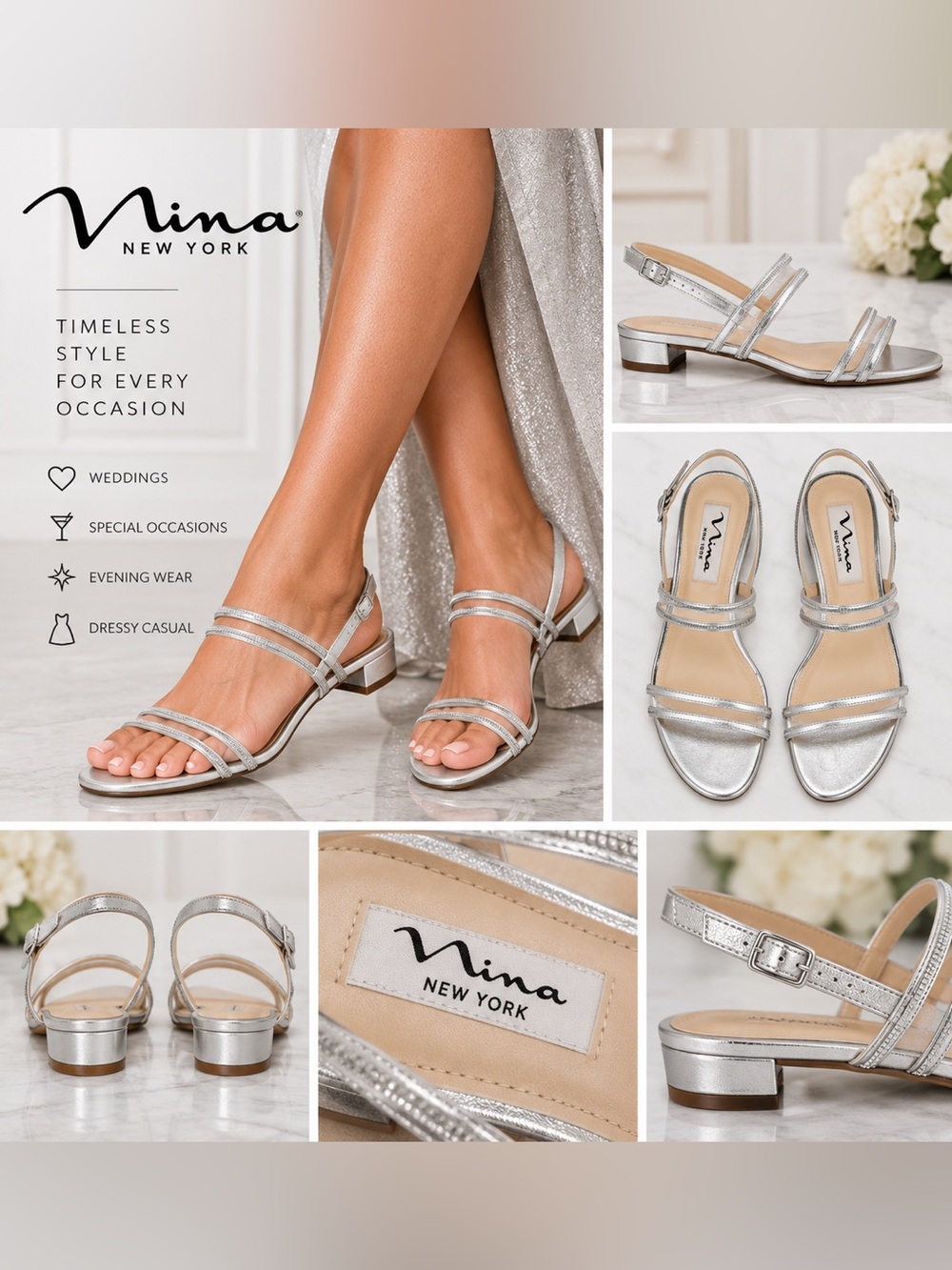 Nina New York Silver Strappy Low Heel Dress Sandals Size 6